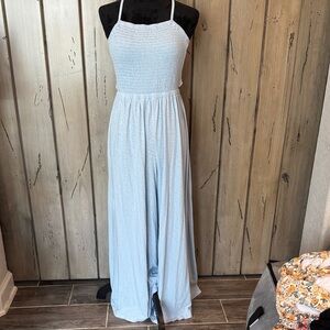 American Eagle Outfitters Light Blue Smocked Halter Jumpsuit